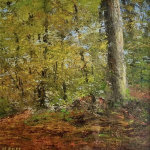 'Forest Trail In Autumn' contemporary semi abstract painting of a forest park in autumn by Irish artist Howard Ross