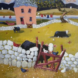 Quirky colourful painting of cows in a field in the west of Ireland