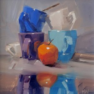 Painting of cups in various bright colours with an apple in the foreground