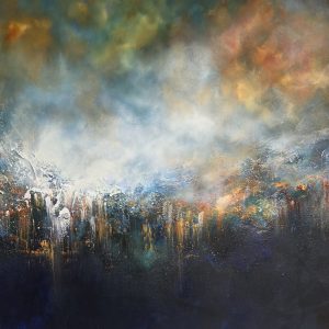 Large abstract painting in blues and golds