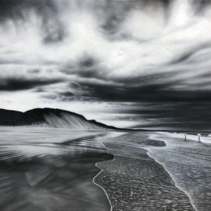 Charcoal beach scene of Whiterocks Beach, East Strand Portrush