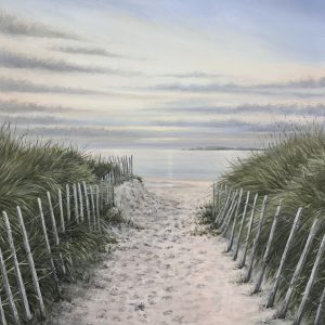 Painting of a beach scene at sunrise