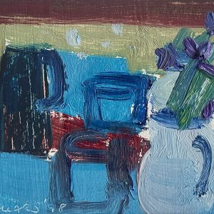 Contemporary, semi-abstract still life painting of a jug of irises by Irish artist Brian Ballard
