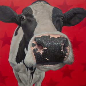 Painting of a fresian cow on a bright red background