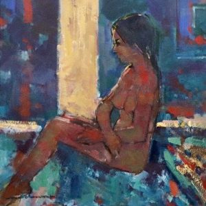 Colourful semi-abstract nude painting of a seated model in a dark studio