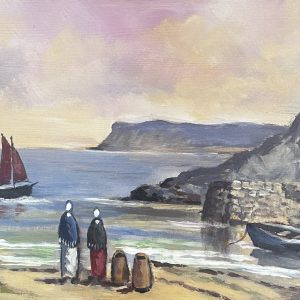 Traditional painting of ‘shawlies’ and a thatched cottage at Ballintoy Harbour, County Antrim